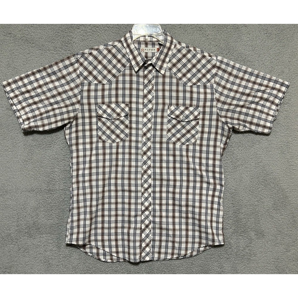 Roper Shirt Mens XL Brown Blue‎ Plaid Western Pearl Snap Short Sleeve Cowboy
